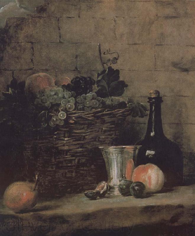 Jean Baptiste Simeon Chardin Silver wine bottle grapes peaches plums and pears Spain oil painting art